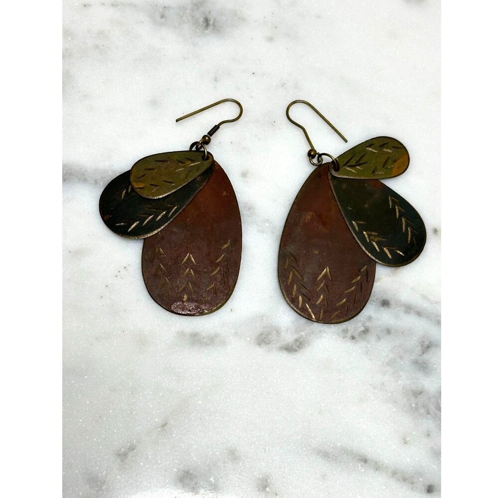 Vintage Copper Leaf Earrings Teardrop Lightweight Bohemian Dangle RusticJewelry